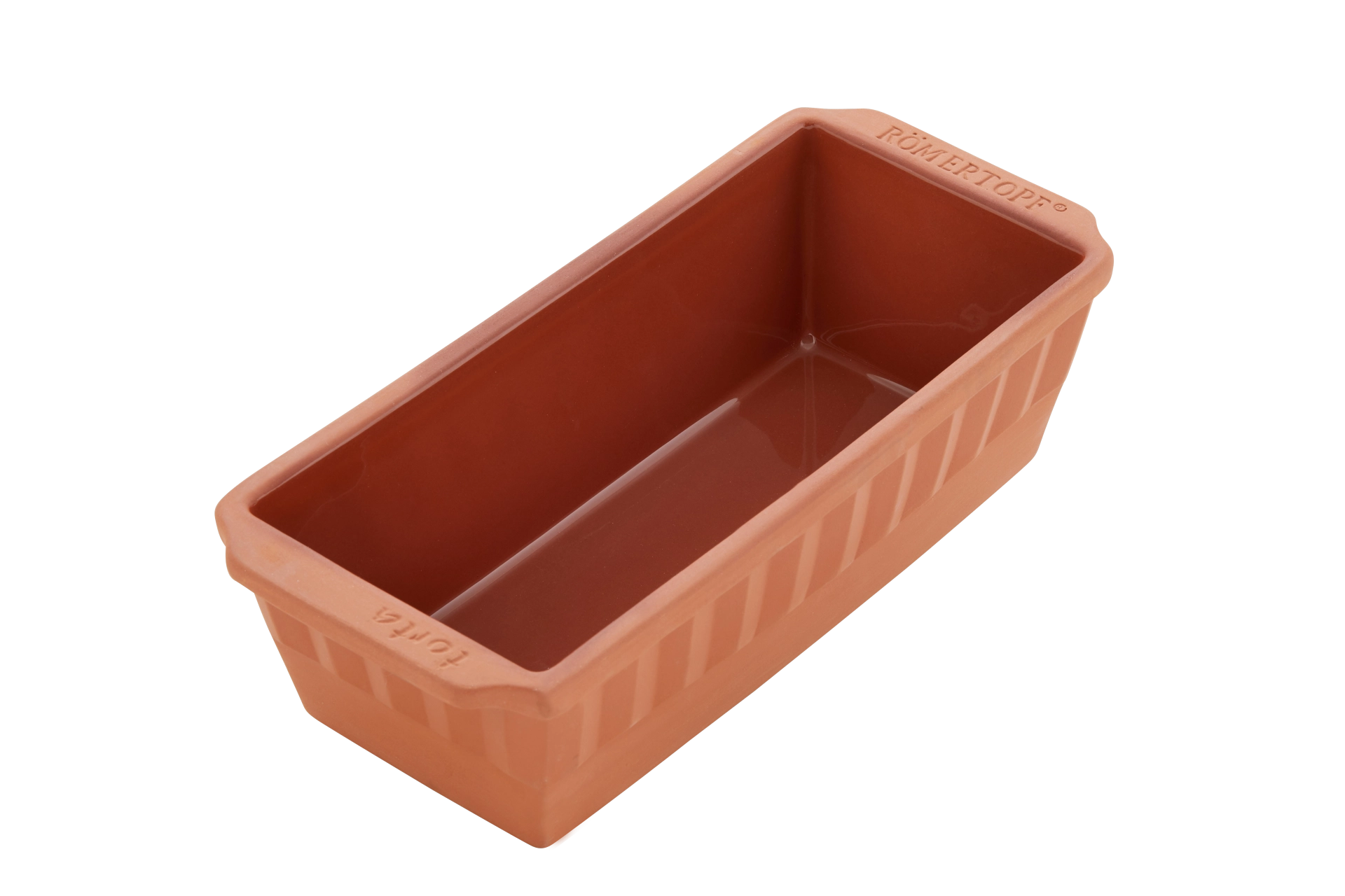 Kastenform aus Keramik von Römertopf – Backform für Brot und Kuchen Rechteckige Römertopf-Kastenform aus naturfarbenem Ton mit Schriftzug „RÖMERTOPF“, auf weißem Hintergrund.
