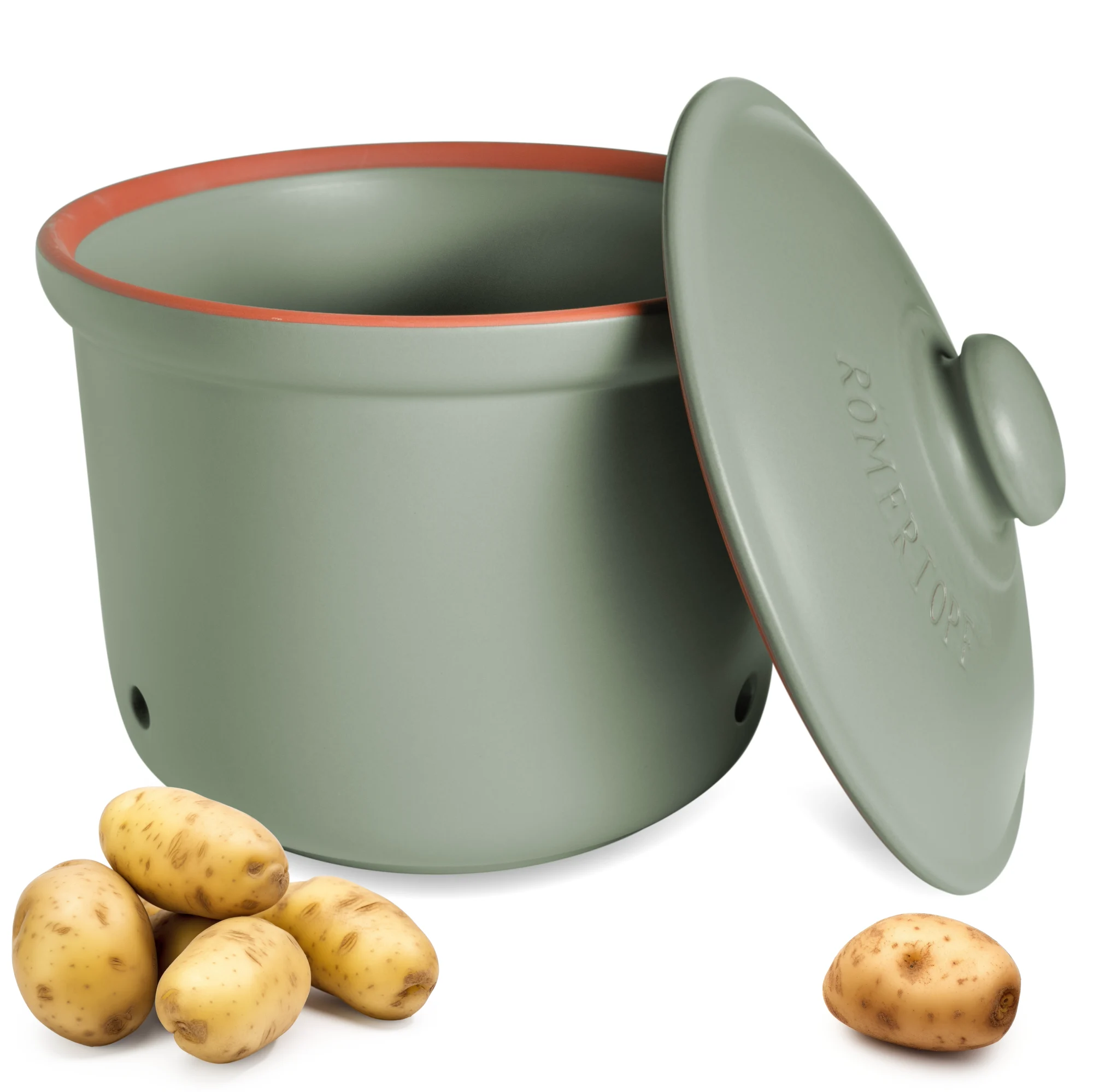 Römertopf Kartoffeltopf grün – atmungsaktiver Tontopf zur optimalen Lagerung von Kartoffeln Grüner Römertopf-Kartoffeltopf mit Deckel aus Keramik, zylindrische Form, seitliche Griffe, auf hellem Hintergrund stehend.