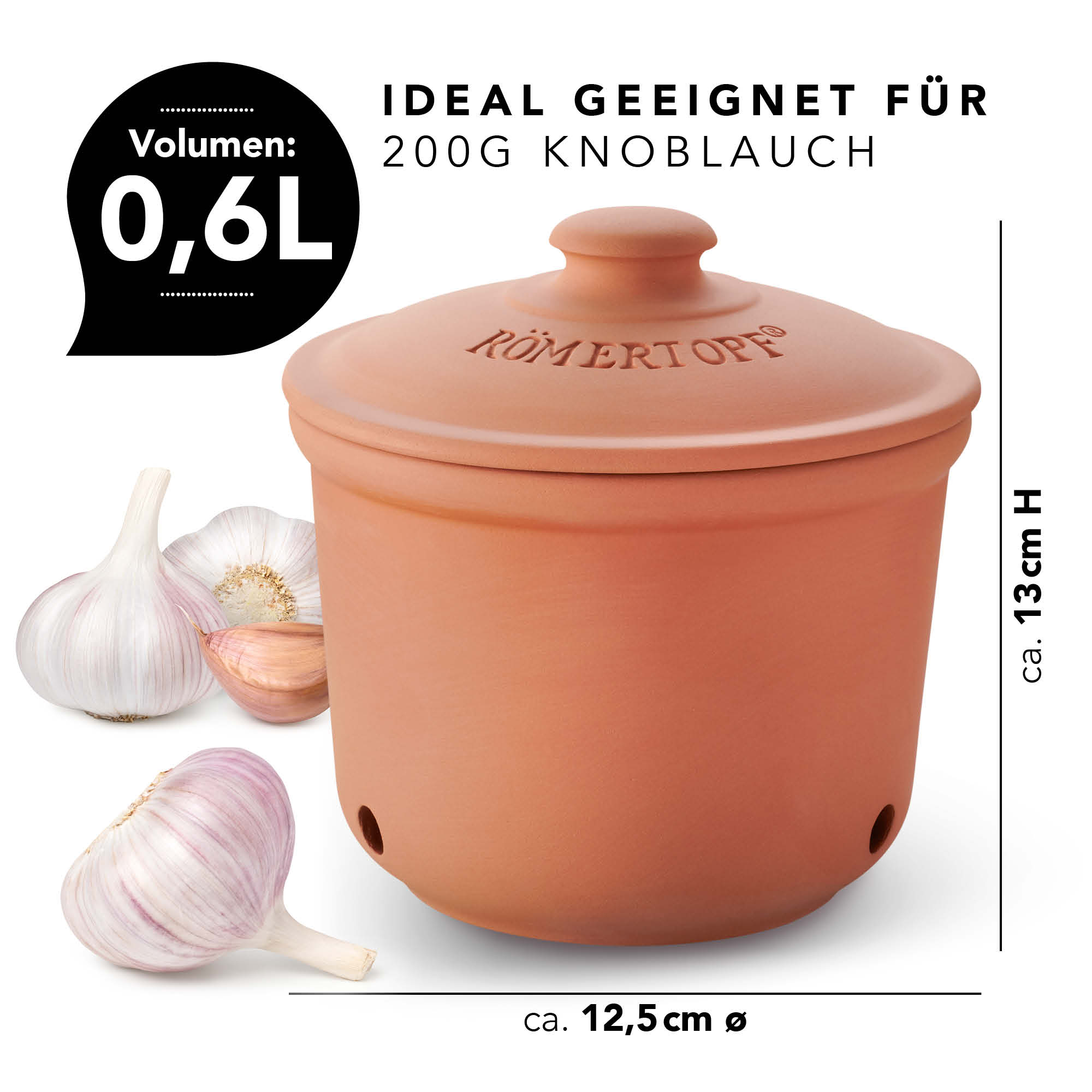 Frischetopf aus Keramik mit Knoblauch – luftdurchlässiger Vorratsbehälter von Römertopf Ein terrakottafarbener Römertopf-Frischetopf mit gelochtem Deckel steht auf einem hellen Untergrund, daneben liegen Knoblauchzehen und eine Knoblauchknolle, im Hintergrund sind verschwommen Kräuter erkennbar.
