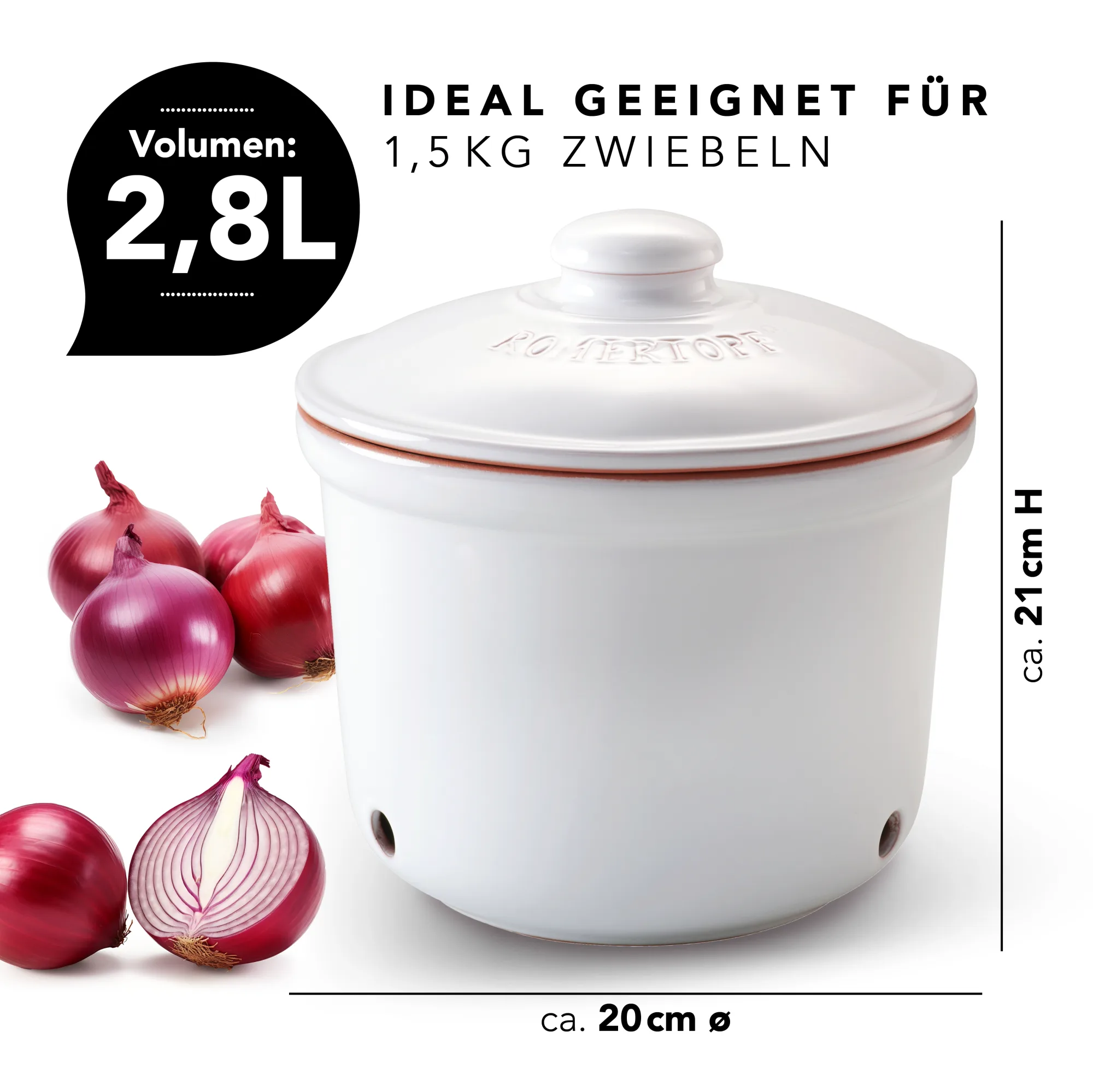 Römertopf Zwiebeltopf aus Keramik mit Deckel – atmungsaktive Aufbewahrung für Zwiebeln Keramik-Zwiebeltopf von Römertopf in Naturton mit Deckel, seitlichen Griffen und Belüftungslöchern, darauf geprägte Schrift „Zwiebeln“; daneben liegen zwei rote Zwiebeln.