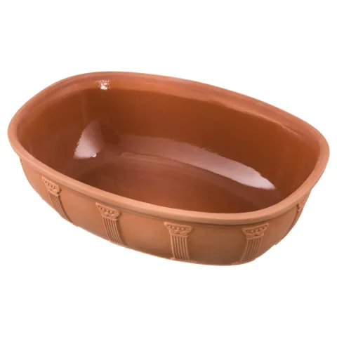 Römertopf Jubiläums-Bräter aus Ton – 40 Jahre Edition – traditioneller Schmortopf für aromatisches Garen Brauner Römertopf-Bräter in ovaler Form mit Deckel, auf dem „40 Jahre Römertopf“ eingraviert ist; das Gefäß steht auf einer weißen Oberfläche und ist aus naturbelassenem Ton gefertigt.