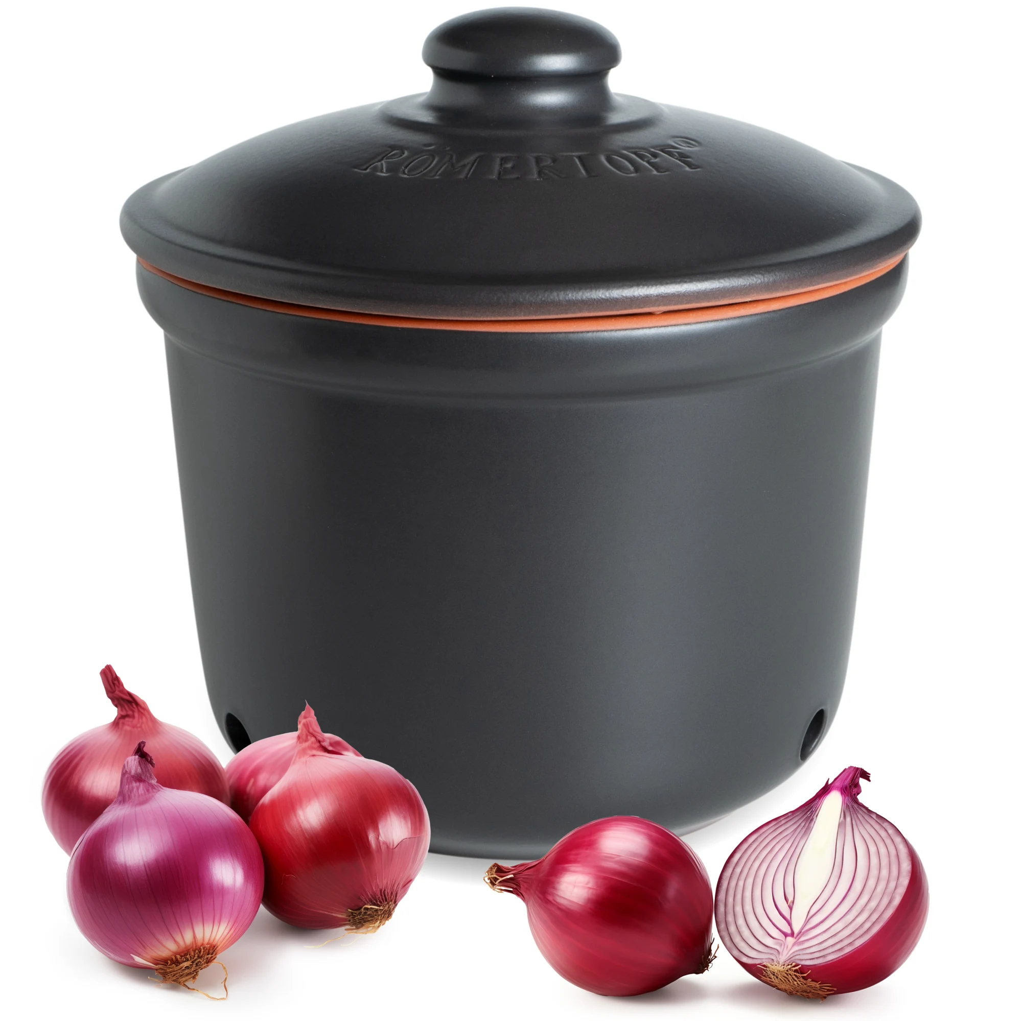Römertopf Zwiebeltopf Maxi Schwarz – Frischetopf zur aromadichten Aufbewahrung von Zwiebeln Großer schwarzer Römertopf-Frischetopf mit Deckel, aus Keramik, mit seitlichen Luftlöchern und geprägtem Schriftzug „Zwiebeln“ auf der Vorderseite, auf weißem Hintergrund.