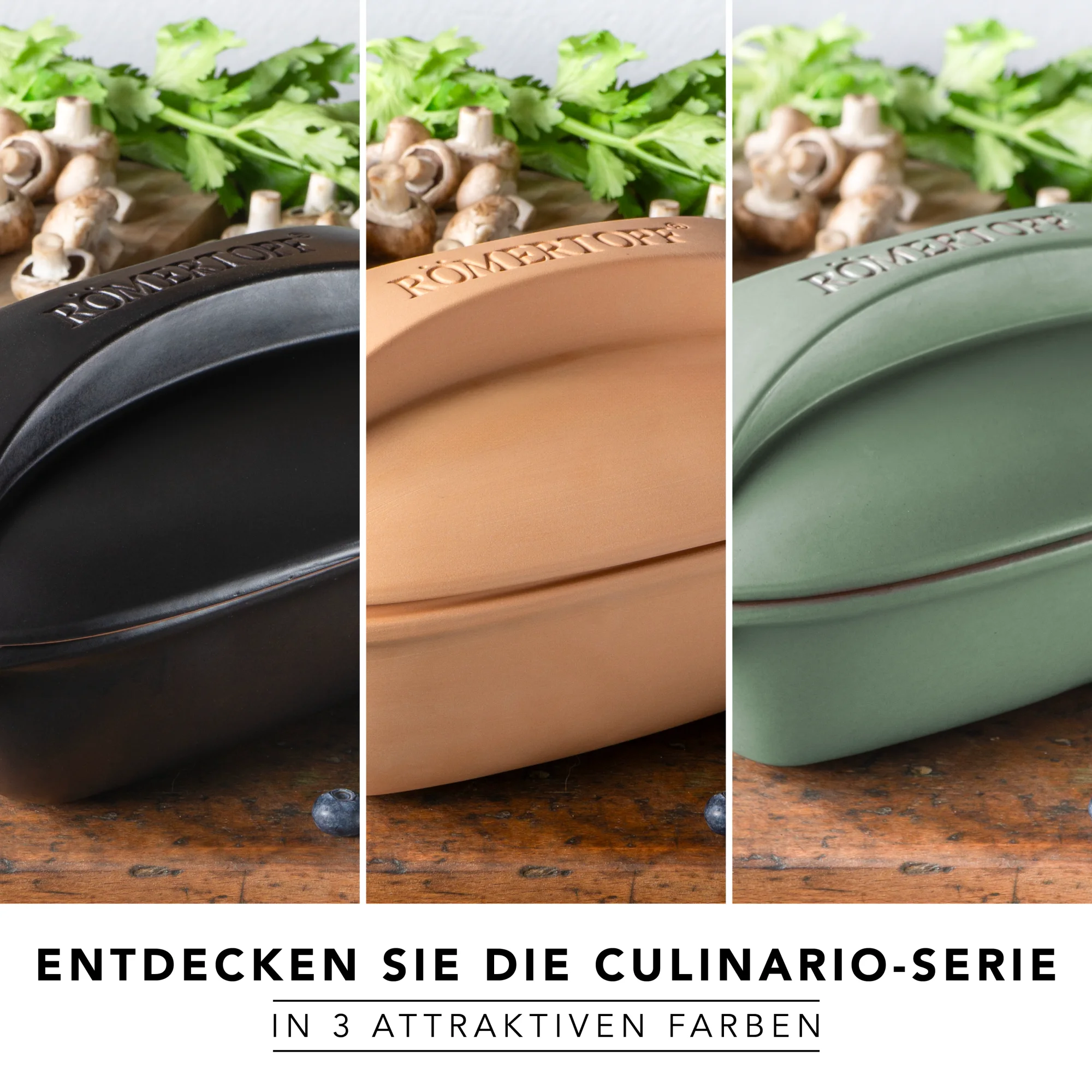Römertopf Culinario Bräter aus Ton in verschiedenen Größen – backofenfestes Kochgeschirr für gesunde Zubereitung Drei Varianten des Römertopf Culinario Bräters aus Ton nebeneinander auf weißem Hintergrund: links weiß glasiert, mittig naturfarben, rechts rötlich-braun glasiert.