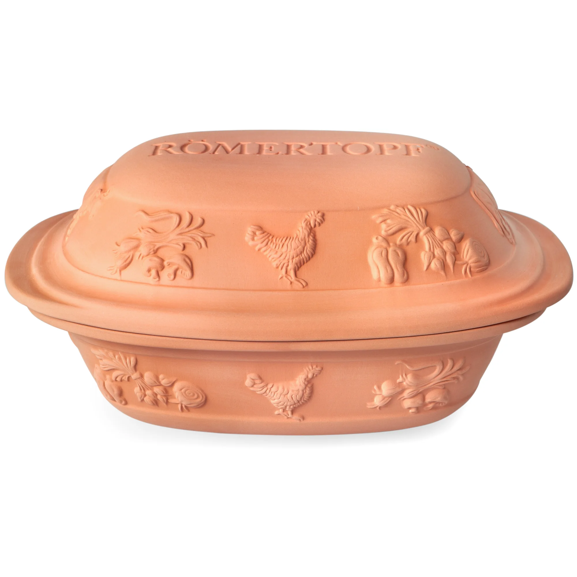 Römertopf Rustico Bräter für 6 Personen aus Terrakotta – traditionelles Kochgeschirr für aromatische Ofengerichte Terrakotta-Bräter von Römertopf aus der Rustico-Serie für 6 Personen, rechteckig mit Deckel, naturbelassenes, rötlich-braunes Tonmaterial, auf weißem Hintergrund platziert.