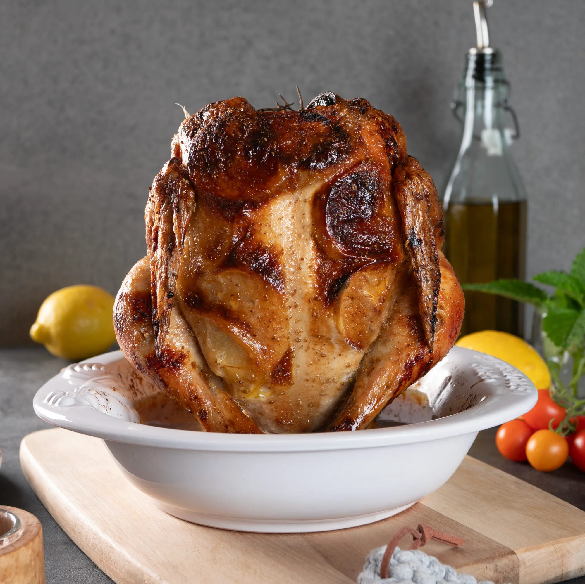 Römertopf Hähnchenbräter aus Ton mit Grillfunktion – fettfreies Garen im Backofen Römertopf Hähnchenbräter aus Keramik in Naturton, mit zentralem Spieß für aufrechtes Garen von Geflügel, auf einem Holztisch stehend, im Hintergrund Kräuter und Küchenutensilien.