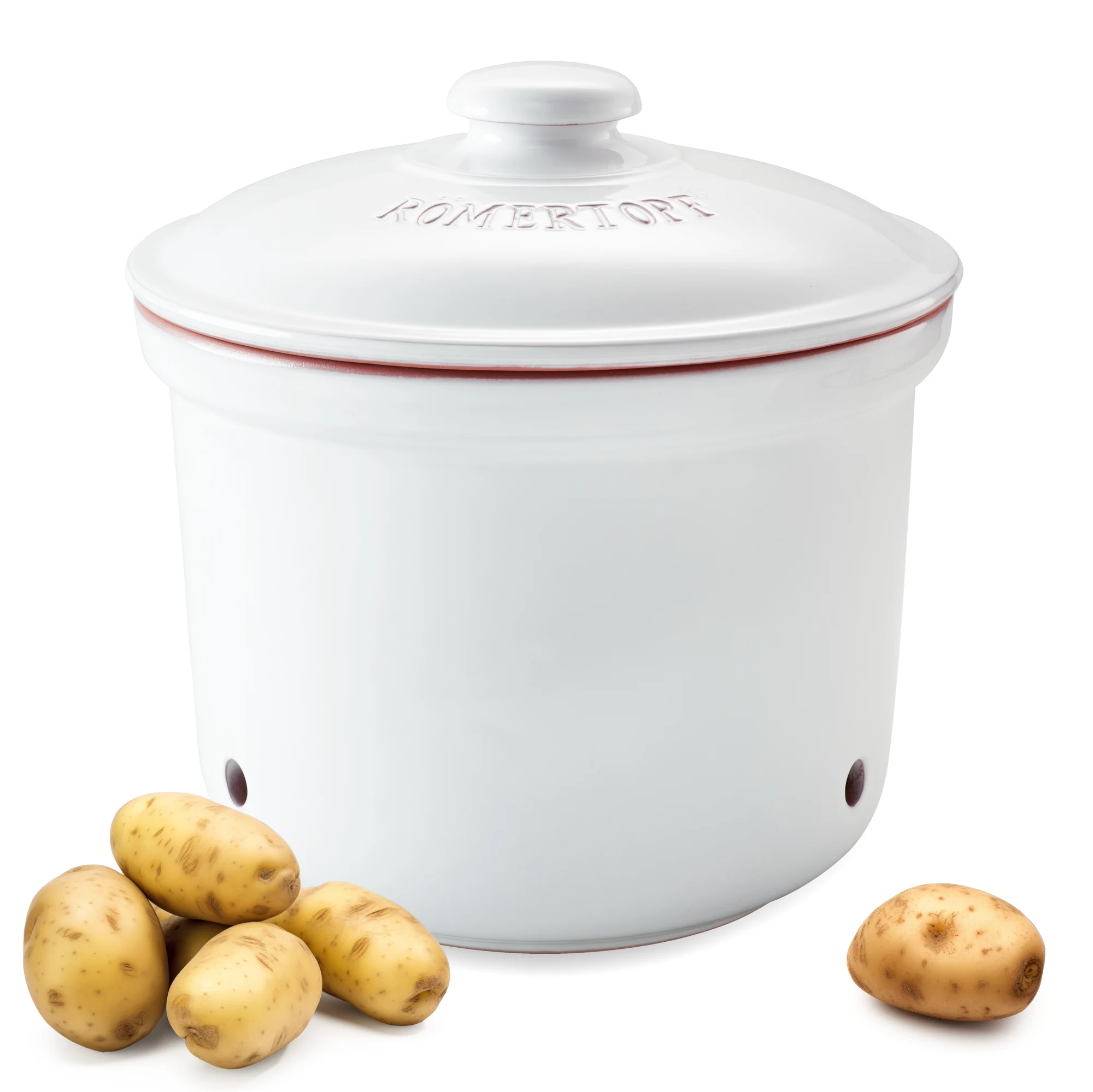 Römertopf Kartoffeltopf Maxi Plus in Weiß – atmungsaktiver Keramiktopf zur optimalen Lagerung von Kartoffeln Weißer Römertopf Kartoffeltopf „Maxi Plus“ mit Deckel, aus poröser Keramik, oval geformt, auf weißem Hintergrund stehend.