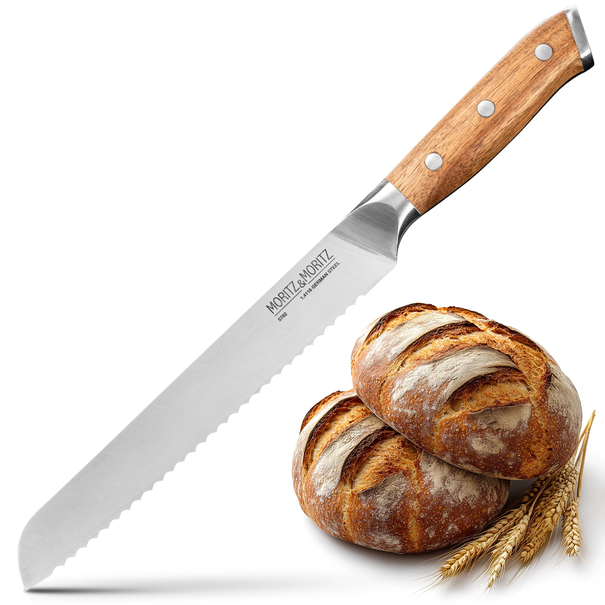 Brotmesser mit Wellenschliff und ergonomischem Holzgriff – RÖMERTOPF® Qualitätsküche Brotmesser mit Wellenschliff und ergonomischem Holzgriff, liegend auf heller Oberfläche.
