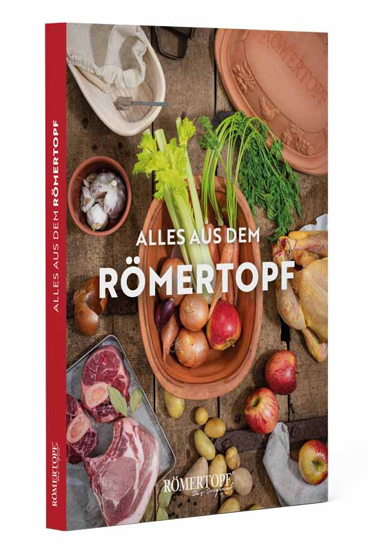 Herzhafter Eintopf mit Gemüse und Fleisch im Römertopf serviert – Rezeptidee aus dem Römertopf Kochbuch Aufgeschlagenes Römertopf-Kochbuch mit einem Rezept für Hackbraten: links ein Foto des fertigen Gerichts in einem Römertopf, rechts die Zutatenliste und Zubereitungsschritte auf weißem Hintergrund in schwarzer Schrift.