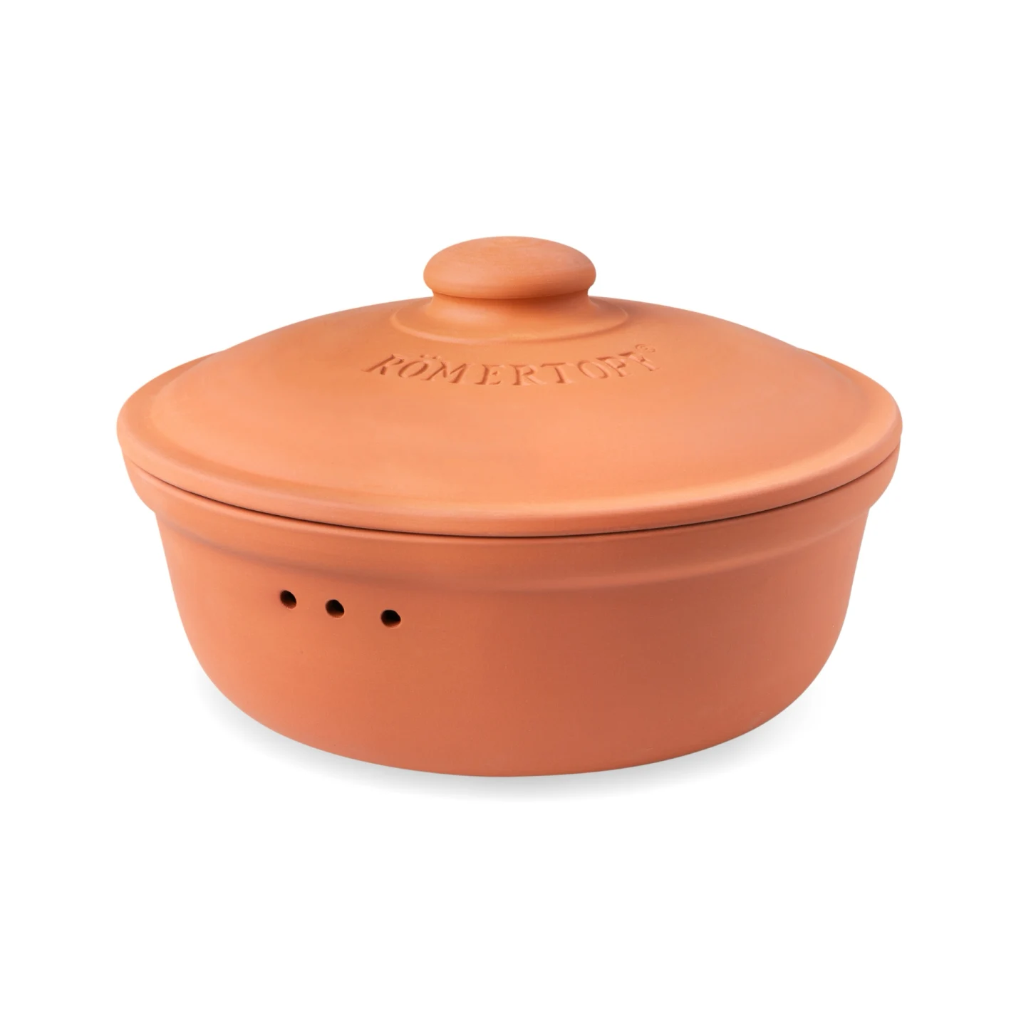Brottopf rund 4,5 Liter in Terracotta – Römertopf Runder Römertopf Brottopf 4,5 Liter in Terracotta, gewölbter Deckel mit Gravur „RÖMERTOPF“, Lüftungslöcher, heller Grund