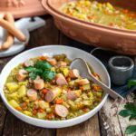 Erbseneintopf mit Würstchen und Gemüse in einer weißen Schale, mit einem Löffel serviert. Petersilie als Garnitur.