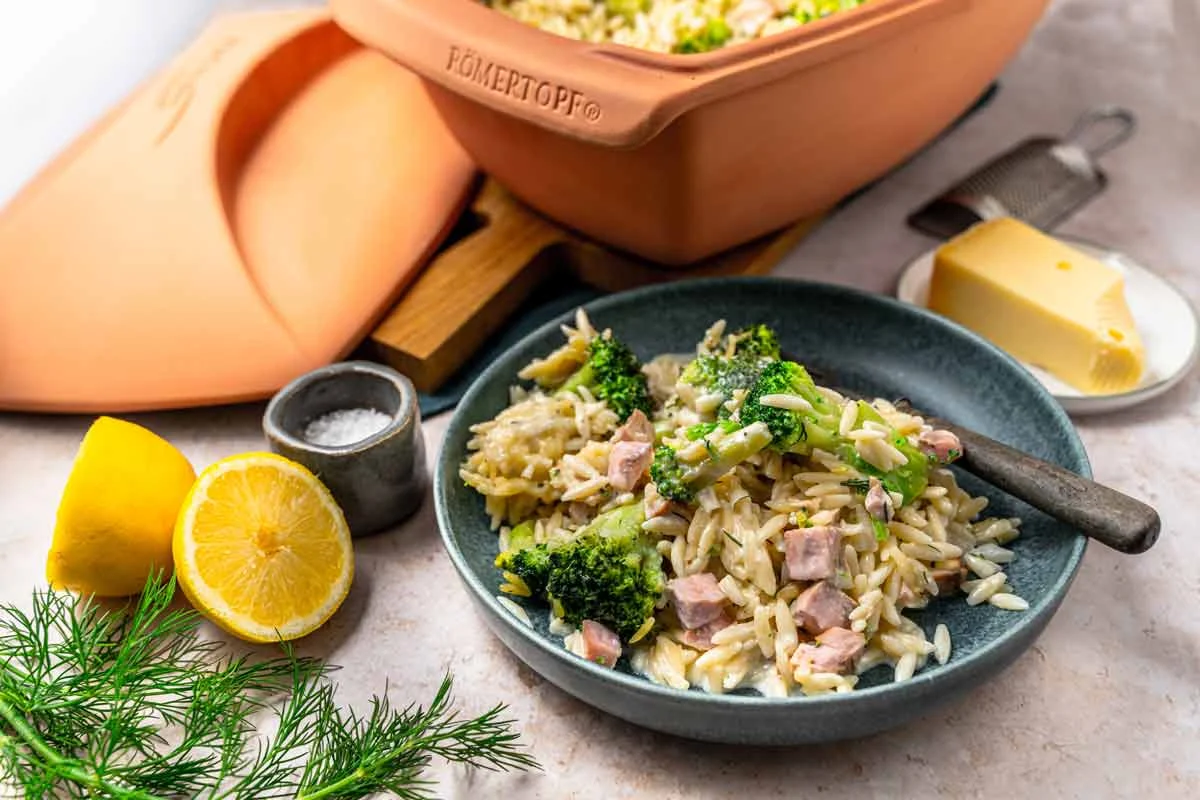 Lachs-Brokkoli-Auflauf mit Risoni Nudeln in Sahnesauce