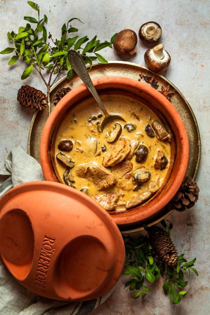 Ton-Topf mit Cremesuppe aus Fleisch und Pilzen, daneben Kräuter und Tannenzapfen.