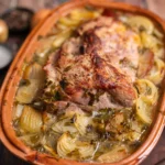 Bratenschale mit gebratenem Fleisch, Zwiebeln und Kräutern, auf einem Holztisch serviert. Hintergrund: Zwiebeln und Gewürze.