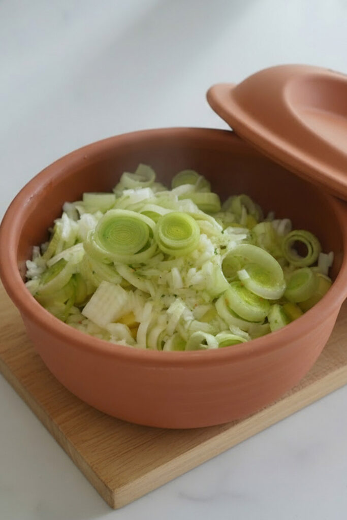 Gehackter Lauch und Zwiebeln in einem offenen, braunen Tontopf auf einem Holzbrett.