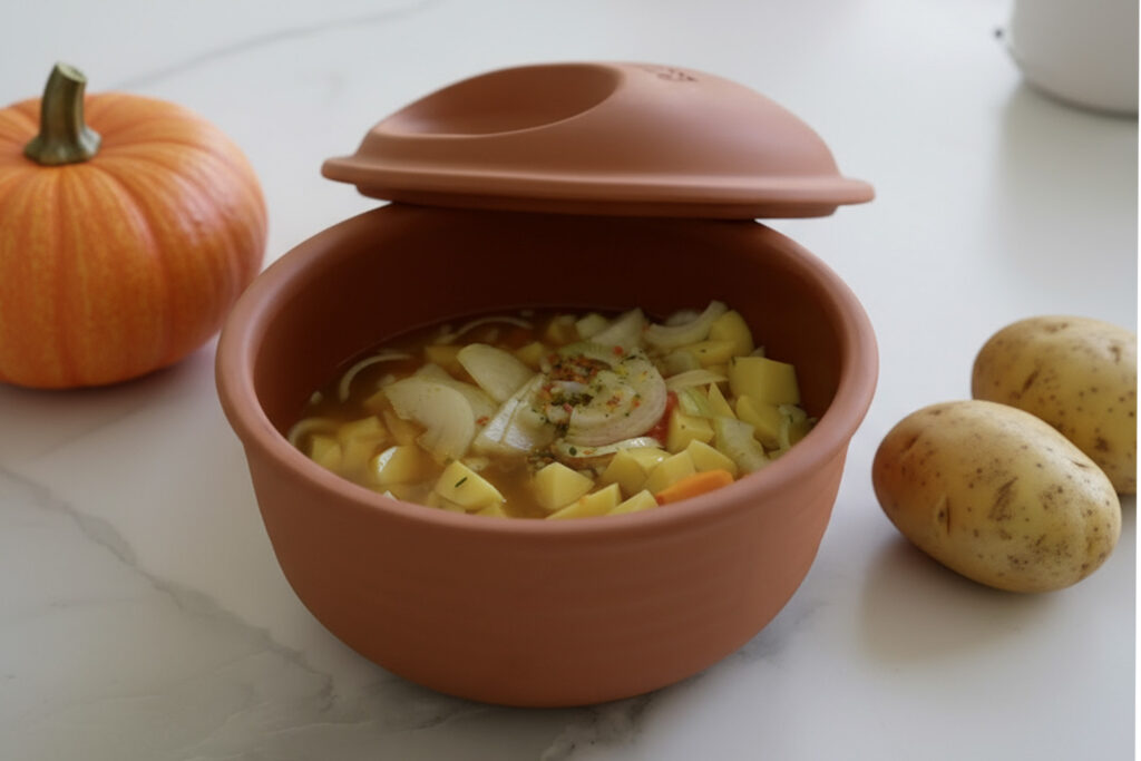 Terrakottatopf mit Gemüseeintopf, daneben zwei Kartoffeln und ein Kürbis auf weißem Hintergrund.