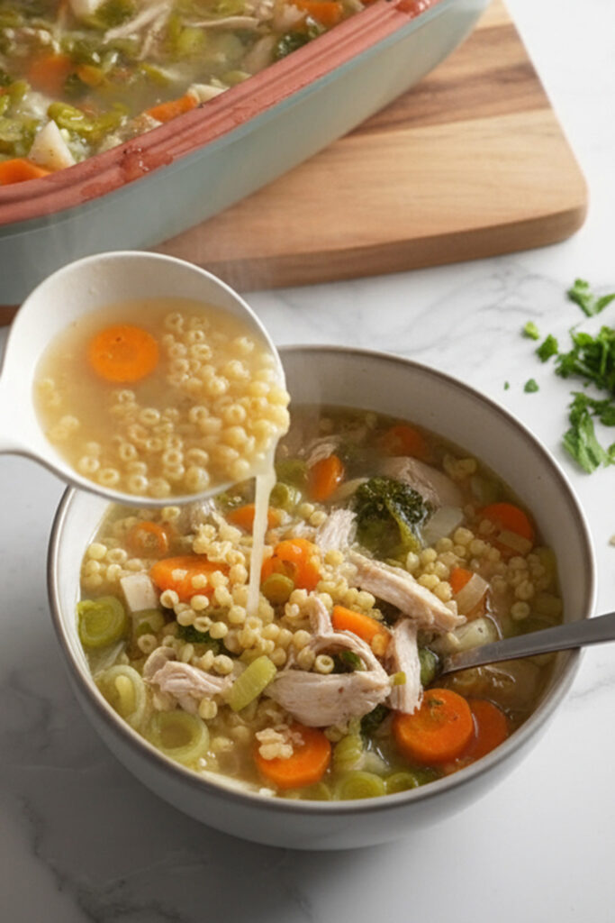 Suppenschüssel mit Gemüse, Pasta und Huhn, in die Brühe aus einem Schöpflöffel gegossen wird.