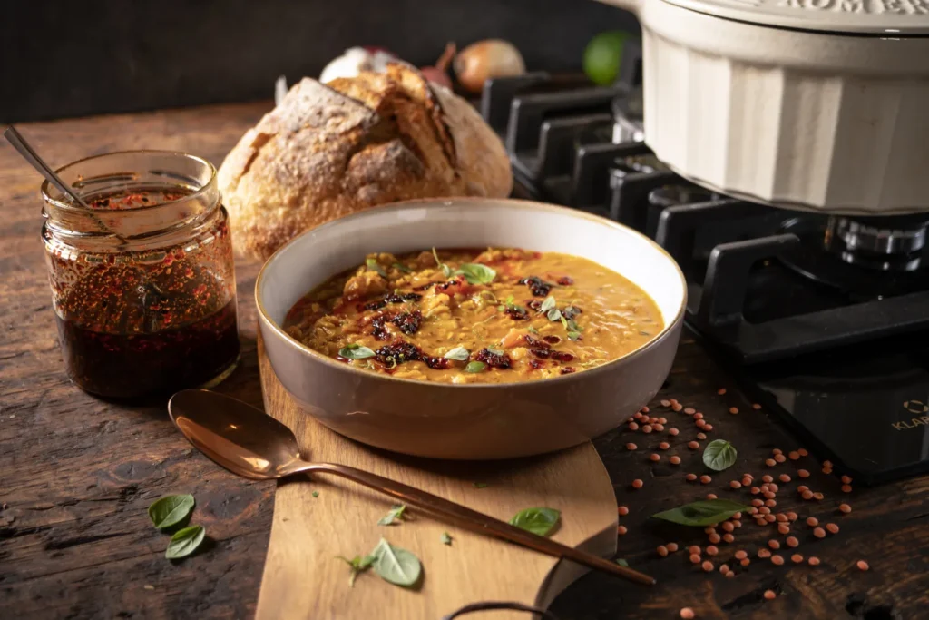 Rote Linsensuppe mit Kokosmilch und Crispy Chili Oil in einer Schale, dahinter der Gusseisentopf